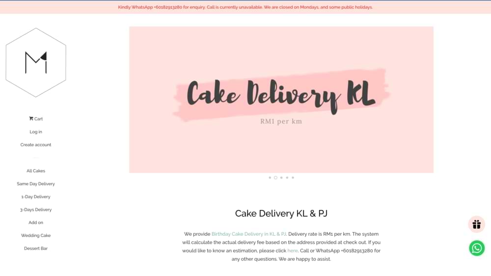 m cake boutique website